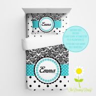 TheDreamyDaisy Personalized Damask Bedding - Damask Duvet or Comforter for Girls - Personalized Black and Teal Duvet Set - Custom Comforter for Teens