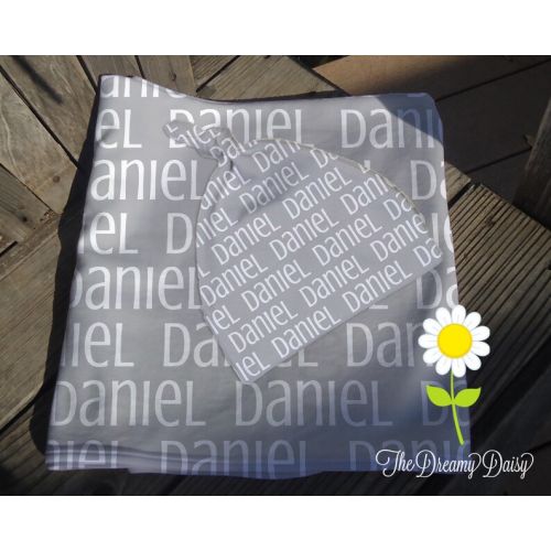  TheDreamyDaisy Personalized Baby Blanket & Optional Hat - Grey Monogrammed Receiving Blanket and Beanie Hat or Headband - Custom Name Swaddling Blanket