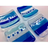 /TheFusedGlassGarden One Cornish blue fused glass bowl trinket tea light holder little soap dish stripes stripy sea turquoise white bathroom seaside christmas