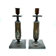 /TheGiftCurator Candleholders in Lacquered Brass by Pairpoint Manufacturing Co (18941938), Pair. Candlestick Candle holders with a Crafstman look.