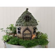 TheLittleHedgerow Fairy House Cottage Large, Fairy Garden , Leaf style Roof, Fairy Garden Supply, Handcrafted Welcome or Believe Sign, hinged door opens