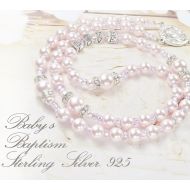 /TheRosaryGiftShop Baby Girl Baptism Rosary or Communion Personalized Rosary with Sterling 925 Silver Letters & Swarovski Pink Pearls Girl Baptism Gift