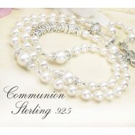 /TheRosaryGiftShop Girl Communion Personalized Rosary with Sterling 925 stamped Sterling Silver Letters & Swarovski Purest White Pearls Holy Communion