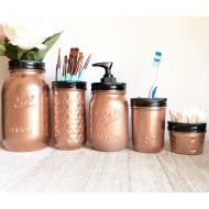 /TheTwistedArrowCo Rose Gold Bathroom Set - Rose Gold Decor - Decorated Mason Jars - Repurposed Glass - Matte Black - Chic Bathroom - Rose Gold Mason Jars -