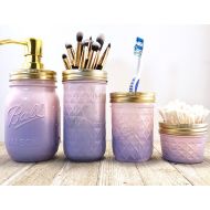 TheTwistedArrowCo Pink & Purple Mason Jar Bathroom Set - Purple amd Pink- Girls Bathroom - Upcycled Decor - Painted Mason Jars - Ombre Jars - Rose Gold Bath