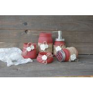 TheVintageArtistry Fall Bath Decor, Mason Jar Soap Pump, Barn Red, Bathroom Set, Shabby Chic, Bathroom Jar, 5 Piece Set, Rustic, Distressed, Burlap, Metal Pump