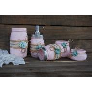 TheVintageArtistry Mason Jar Bathroom Set, Pink, Sage Green, Shabby Chic, Soap Dispenser, Bathroom Jars, 5 Piece, Burlap, Rustic, Distressed, Metal Soap Pump