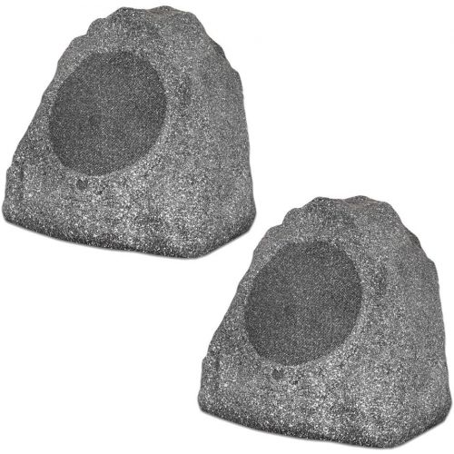  Theater Solutions 2R8G Outdoor Granite 8 Rock 2 Speaker Set for Deck Pool Spa Yard Garden, Granite Grey