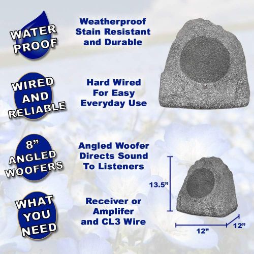  Theater Solutions 2R8G Outdoor Granite 8 Rock 2 Speaker Set for Deck Pool Spa Yard Garden, Granite Grey