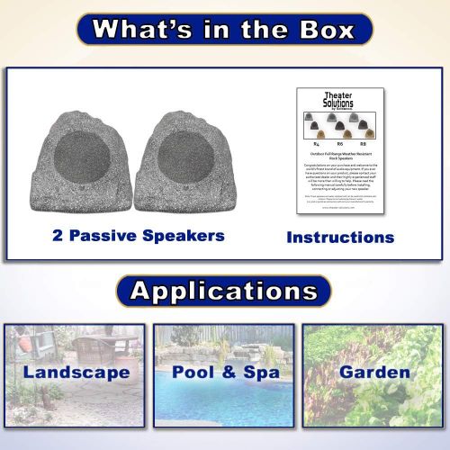  Theater Solutions 2R8G Outdoor Granite 8 Rock 2 Speaker Set for Deck Pool Spa Yard Garden, Granite Grey