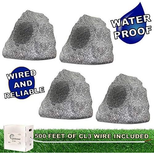  Theater Solutions 4R4G Outdoor Granite Rock 4 Speaker Set with Wire for Deck Pool Spa Patio Garden