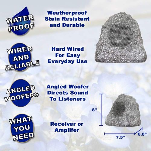  Theater Solutions 4R4G Outdoor Granite Rock 4 Speaker Set with Wire for Deck Pool Spa Patio Garden