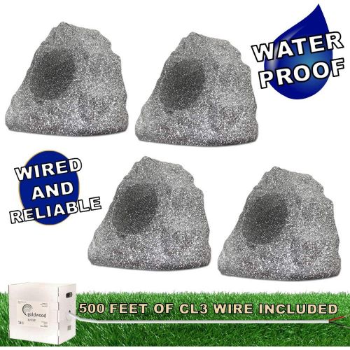  Theater Solutions 4R4G Outdoor Granite Rock 4 Speaker Set with Wire for Deck Pool Spa Patio Garden