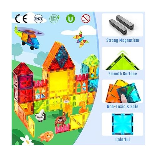  Magnetic Tiles: 110PCS Magnet 3D Clear Building Blocks Toys for Kids - Educational Magnetic Construction Playboards Set STEM Sensory Toys Gifts for Boys Girls Toddlers 3 4 5 6 7 8 9 Year Old