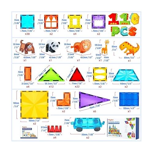  Magnetic Tiles: 110PCS Magnet 3D Clear Building Blocks Toys for Kids - Educational Magnetic Construction Playboards Set STEM Sensory Toys Gifts for Boys Girls Toddlers 3 4 5 6 7 8 9 Year Old