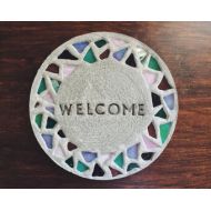 Theirheartsandbones personalized stepping stone with mosaic glass rim (small) pink/purple/teal