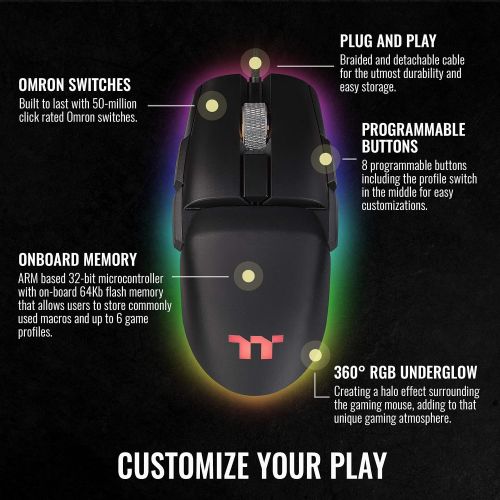  Thermaltake Argent M5 Gaming Mouse, 16.8M RGB Color Software Enabled, 8 Customizable Dynamic Lighting Effects, PIXART PMW-3389 Optical Sensor, DPI Adjustments Up to 16,000. GMO-TMF