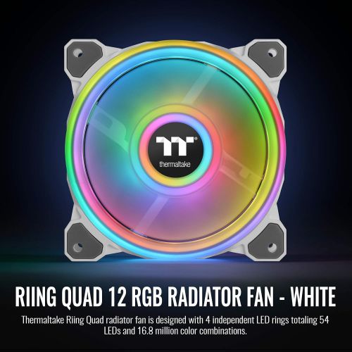  Thermaltake Riing Quad 120mm 16.8 Million RGB Color (Alexa, Razer Chroma) Software Enabled 4 Light Rings 54 LED 9 Blades Hydraulic Bearing White Case/Radiator Fan, Single Pack, CL-