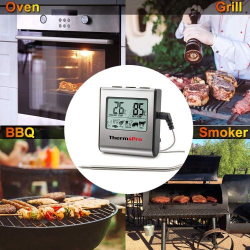  [아마존 핫딜]  [아마존핫딜]ThermoPro TP-16 Large LCD Digital Cooking Food Meat Thermometer for Smoker Oven Kitchen Candy BBQ Grill Thermometer Clock Timer with Stainless Steel Temperature Probe, Standard, Si