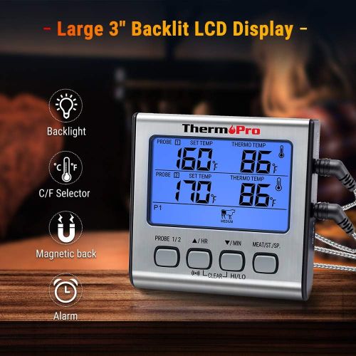  [아마존 핫딜]  [아마존핫딜]ThermoPro TP-17 Dual Probe Digital Cooking Meat Thermometer Large LCD Backlight Food Grill Thermometer with Timer Mode for Smoker Kitchen Oven BBQ, Silver