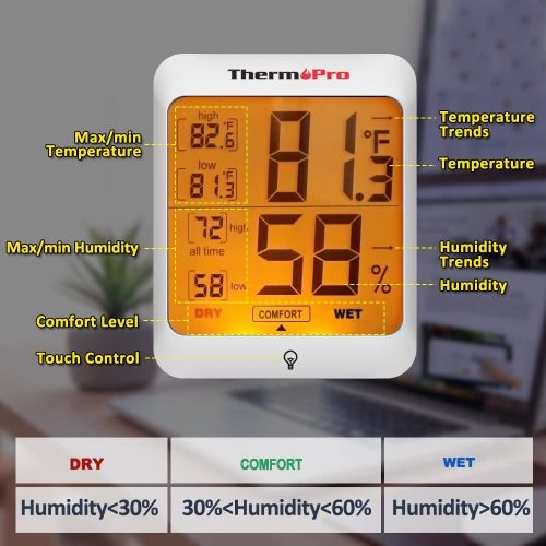  [아마존베스트]ThermoPro TP53 Hygrometer Humidity Gauge Indicator Digital Indoor Thermometer Room Temperature and Humidity Monitor with Touch Backlight