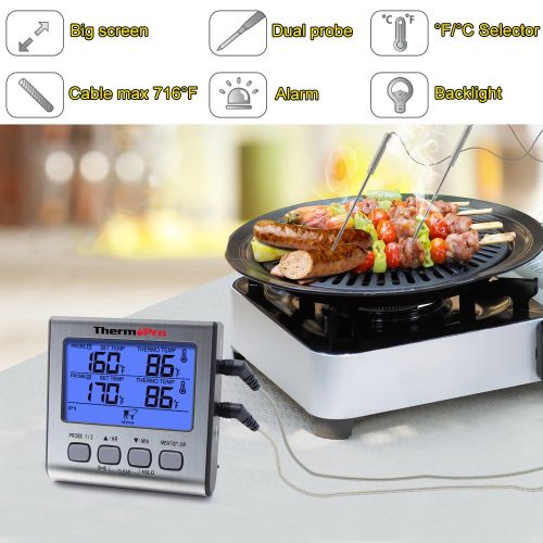  ThermoPro TP17 Dual Probe Digital Cooking Meat Thermometer Large LCD Backlight Food Grill Thermometer with Timer Mode for Smoker Kitchen Oven BBQ