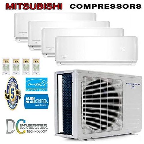  Thermocore 45000 BTU Quad Zone Ductless Split Air Conditioner Heat Pump, 9000 + 12000 x 3