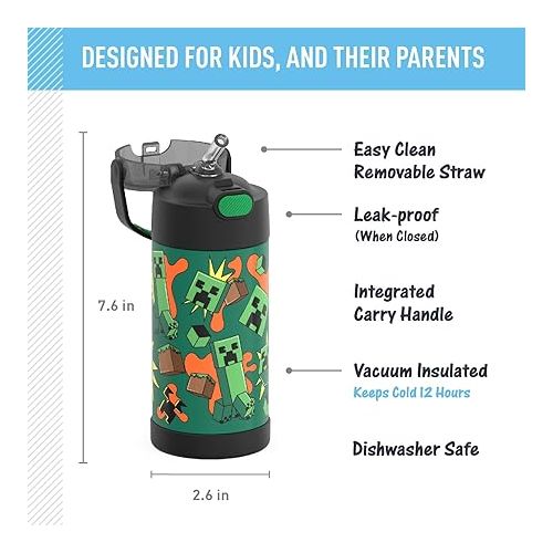 써모스 THERMOS FUNTAINER Water Bottle with Straw - 12 Ounce, Minecraft - Kids Stainless Steel Vacuum Insulated Water Bottle with Lid