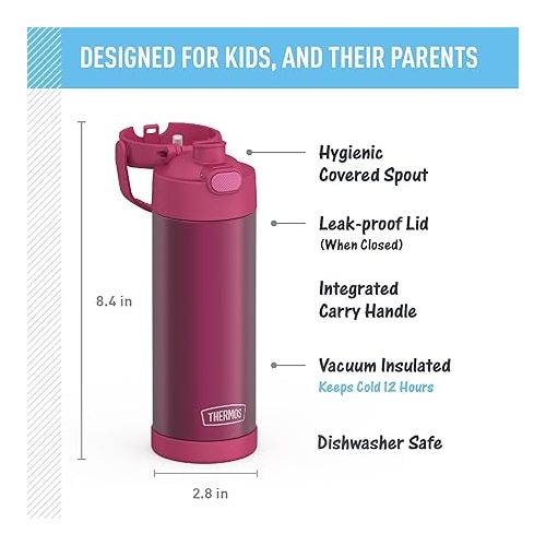 써모스 THERMOS FUNTAINER 16 Ounce Stainless Steel Vacuum Insulated Bottle with Wide Spout Lid, Dark Pink