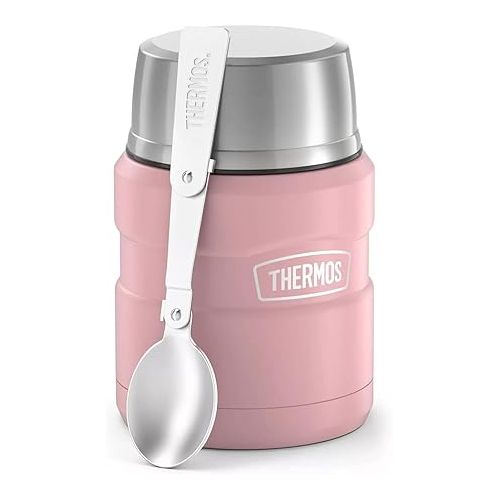 써모스 THERMOS Stainless King Vacuum-Insulated Food Jar with Spoon, 16 Ounce, Matte Rose