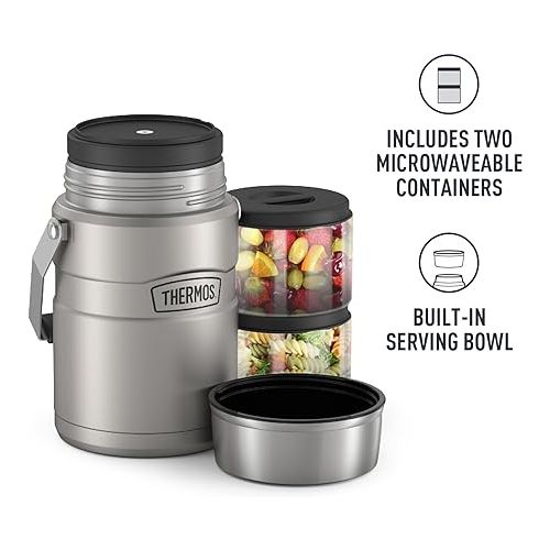 써모스 THERMOS Stainless King Vacuum-Insulated Food Jar with 2 Storage Container Inserts, 47 Ounce, Matte Steel