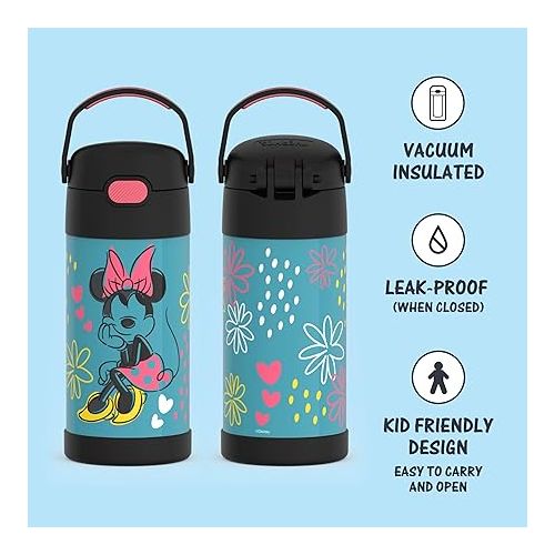 써모스 THERMOS FUNTAINER Water Bottle with Straw - 12 Ounce, Minnie Mouse - Kids Stainless Steel Vacuum Insulated Water Bottle with Lid