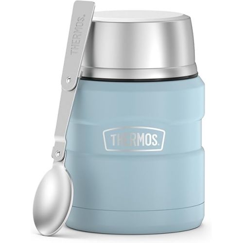 써모스 THERMOS Stainless King Vacuum-Insulated Food Jar with Spoon, 16 Ounce, Matte Powder Blue