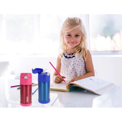 써모스 Thermos FUNtainer Vacuum Insulated Stainless Steel Kids Drinkware Bottle with Straw - Tasteless and Odorless, BPA Free, Great for Children (Metallic Blue, 12 ounce)