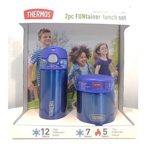 써모스 Thermos FUNtainer Lunch Set Bottle and Food Jar for Kids BPA Free Dishwasher Safe, 2 PC (Blue, 2 PC Set)