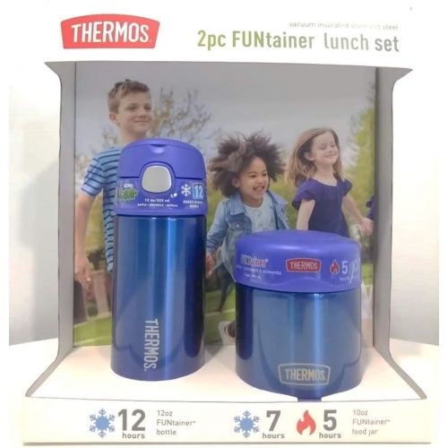 써모스 Thermos FUNtainer Lunch Set Bottle and Food Jar for Kids BPA Free Dishwasher Safe, 2 PC (Blue, 2 PC Set)