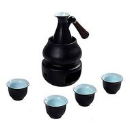 Thermoses Sake Cups Set,Japanese Sake Set,7 Piece Black Glaze Sake Set with Warmer and Candle Stove,Anti scald wood handle for Home Decor Warm/Cold Sake Service