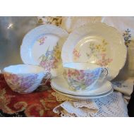 /Thevintagecalliope 1800s porcelain china, 2 cup and saucer, 2 luncheon plates, excellent condition, embossed, floral design, Victorian, shabby or cottage chic