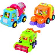 Think Gizmos Friction Toys For Toddlers TG641 (Set Of 3) Friction Powered Push & Go Cement Mixer Truck / Street Sweeper / Harvester Truck With Functions - Friction Car Toys By ThinkGizmos (Trad