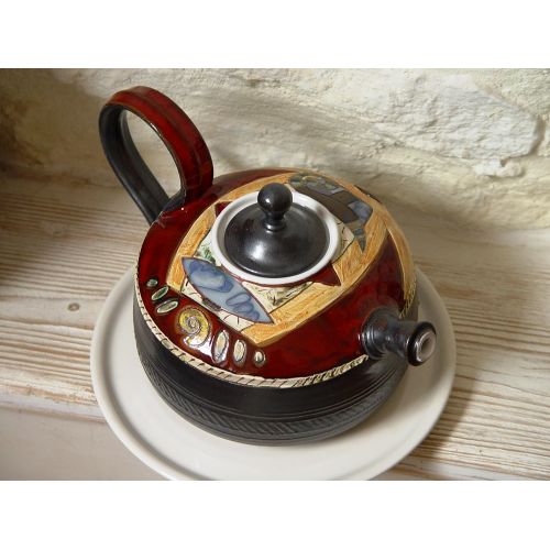  This vessel is an unique piece of art. It is whee Pottery Teapot - Tea Kettle - Ceramic Tea Pot - Wheel Thrown Handmade Pot - Clay Art - Earthenware Teapot - Functional Designer Pottery: Kitchen & Dining