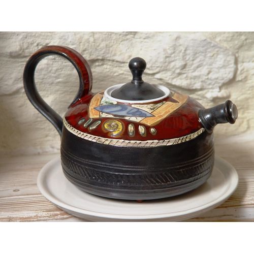  This vessel is an unique piece of art. It is whee Pottery Teapot - Tea Kettle - Ceramic Tea Pot - Wheel Thrown Handmade Pot - Clay Art - Earthenware Teapot - Functional Designer Pottery: Kitchen & Dining