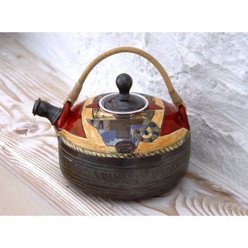  This vessel is an unique piece of art. It is whee Handmade Ceramic Teapot. Wheel Thrown Tea Pot, Artistic Pottery, Earthenware Teapot with Unique Willow Handle: Kitchen & Dining