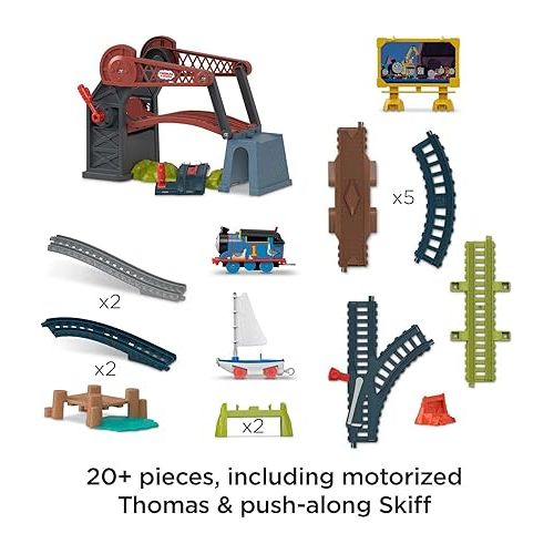  Thomas & Friends Motorized Toy Train Set Bridge Lift Thomas & Skiff with Track & Push-Along Boat for Preschool Kids Ages 3+ Years