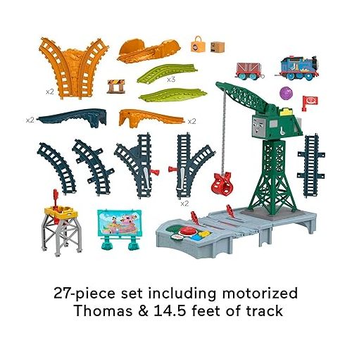  Thomas & Friends Motorized Train Set, Talking Cranky Delivery Set, Talking Crane & Battery Powered Toy Train with Songs & Sounds Medium