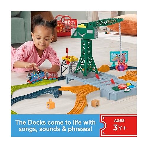  Thomas & Friends Motorized Train Set, Talking Cranky Delivery Set, Talking Crane & Battery Powered Toy Train with Songs & Sounds Medium