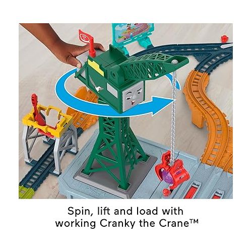  Thomas & Friends Motorized Train Set, Talking Cranky Delivery Set, Talking Crane & Battery Powered Toy Train with Songs & Sounds Medium