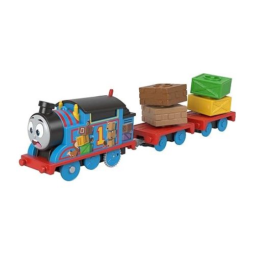  Thomas & Friends Toy Train, Wobble Cargo Thomas Motorized Engine with 2 Cargo Cars for Preschool Railway Play Ages 3+ Years