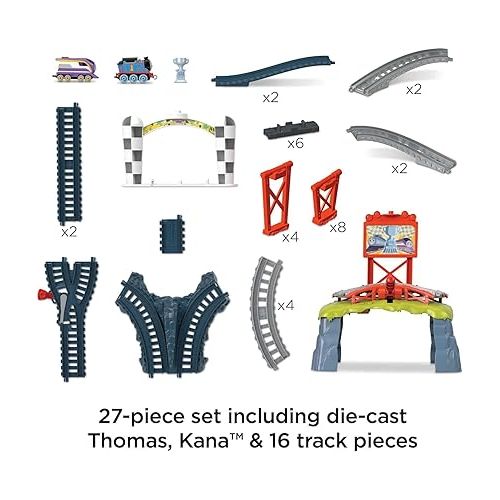  Thomas & Friends Diecast Toy Train Set Race for the Sodor Cup with Thomas & Kana Engines & Track for Preschool Kids Ages 3+ Years