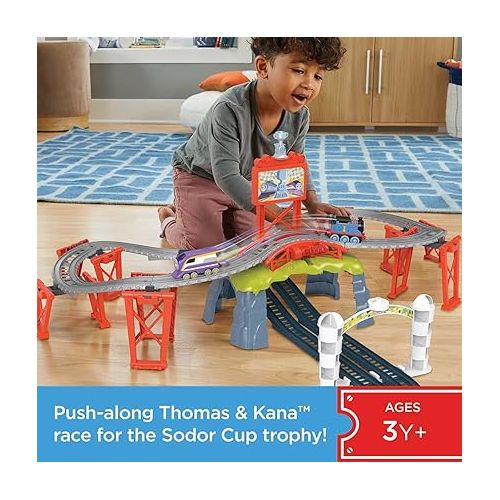  Thomas & Friends Diecast Toy Train Set Race for the Sodor Cup with Thomas & Kana Engines & Track for Preschool Kids Ages 3+ Years