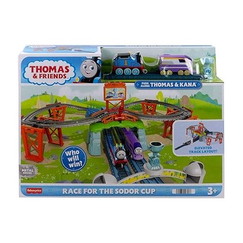  Thomas & Friends Diecast Toy Train Set Race for the Sodor Cup with Thomas & Kana Engines & Track for Preschool Kids Ages 3+ Years